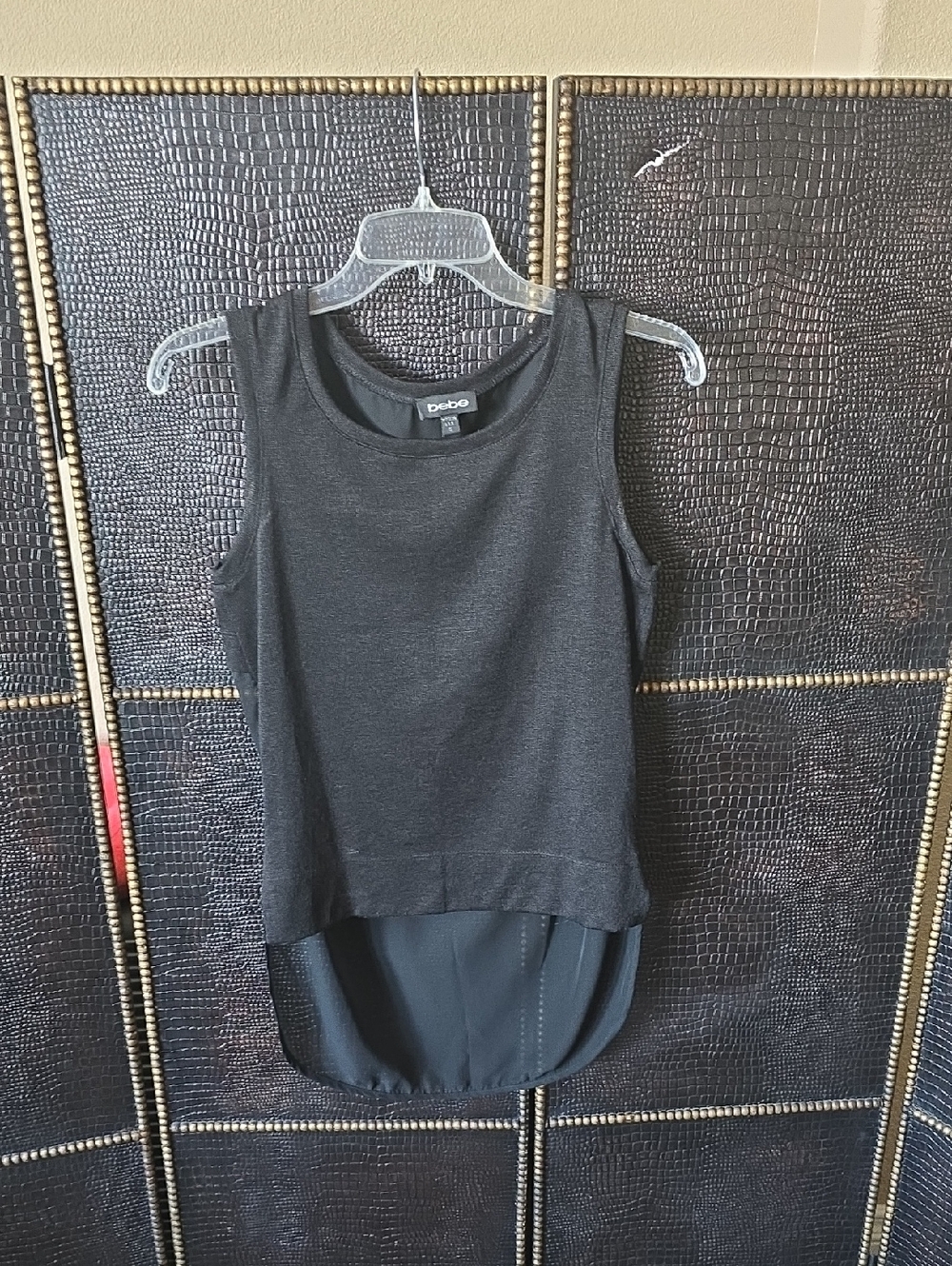 bebe Black Sleeveless High-Low Tank with Sheer Back Panel